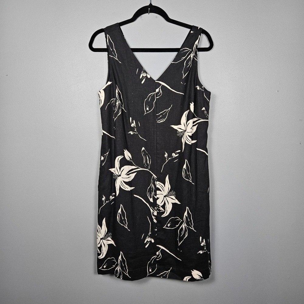 Ophelia Roe Womens M Black Linen Blend Floral Shift Dress Sleeveless Lined VNeck